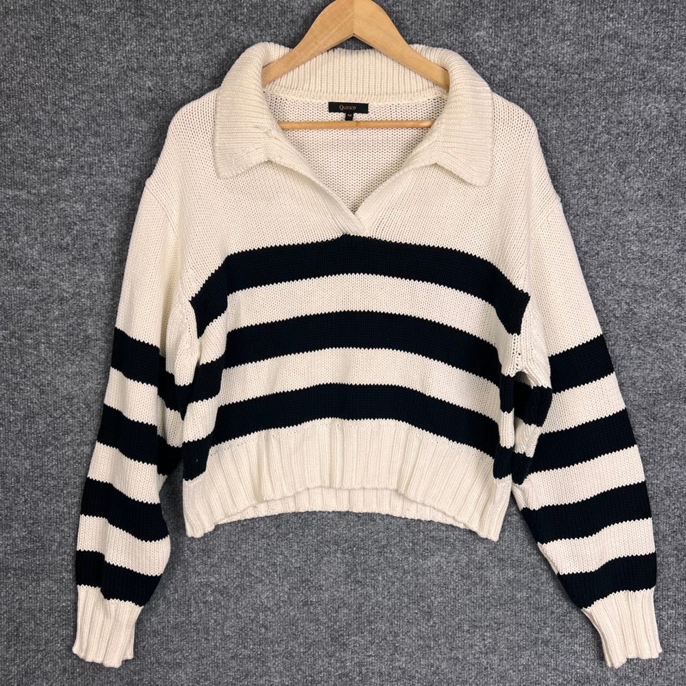 Quince Sweater Womens Medium Cream Black Striped Cotton Polo Pullover